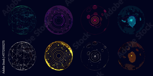 Collection of eight abstract digital spheres with futuristic geometric and organic designs in various colors