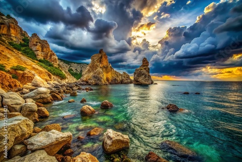 Dramatic Crimean Seashore: Cloudy Sky, Rocky Coastline