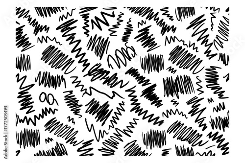 Abstract hand drawn scribble doodle pattern with chaotic black zig-zag lines and messy squiggles