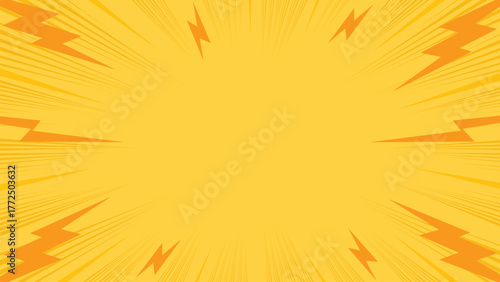 Energetic comic book style background with lightning bolts and radial speed lines.