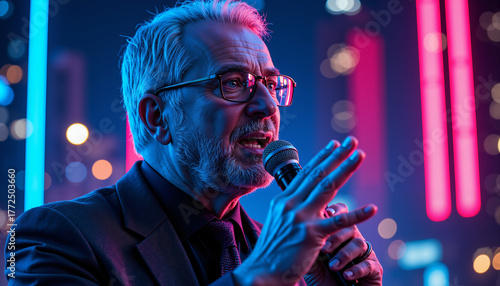 Corporate leader giving speech with a microphone in a futuristic setting  