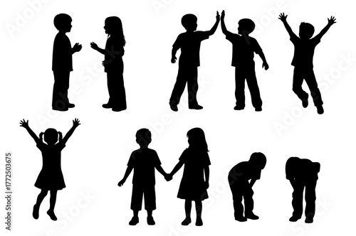 Set of black children silhouettes playing, talking, jumping, giving high five, and holding hands