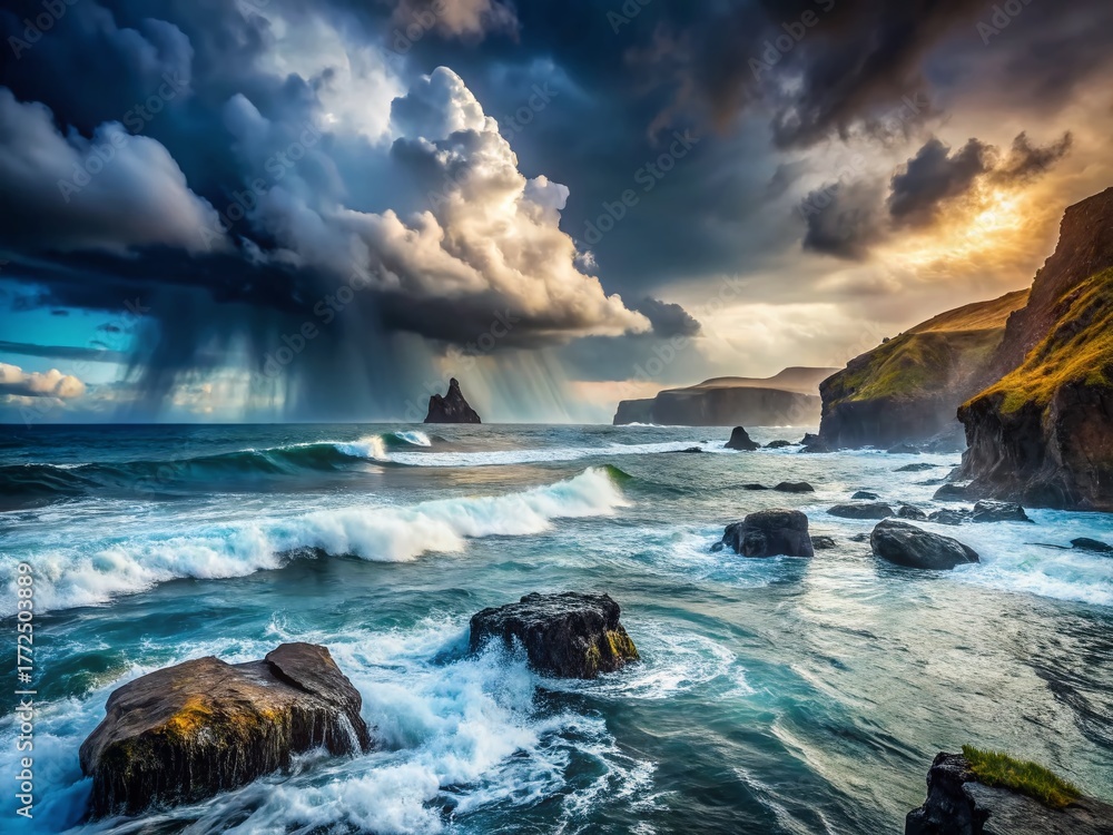 Fototapeta premium Dramatic Double Exposure: Coastal Rain, Sea Mist & Sky