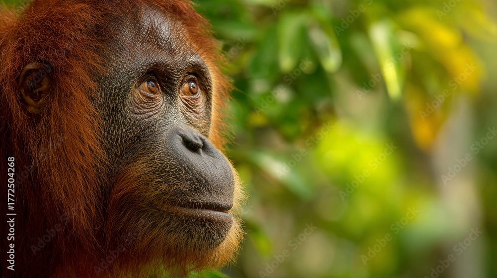 Fototapeta premium Majestic orangutan portrait showcasing deep, soulful eyes and rich auburn fur against a lush, blurred tropical forest background of vibrant greens and yellows