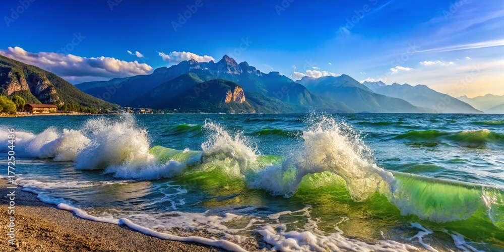 Obraz premium Dramatic Lake Garda Waves Crashing Against Shore, Monte Baldo Mountain Background, Italy