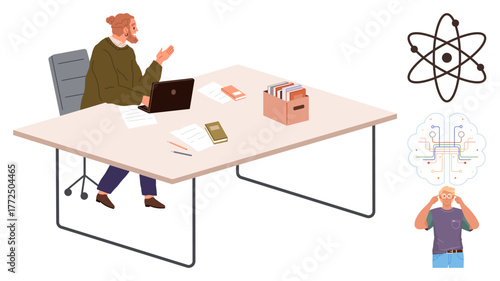 Scientist seated at desk with a laptop, papers, and books, alongside a brain diagram and atom graphic. Ideal for education, technology, research, innovation, creativity brainstorming science