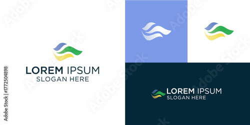 Modern logo design featuring abstract waves in vibrant blue, green, and yellow, perfect for a tech company or environmentally conscious brand looking for a dynamic visual identity