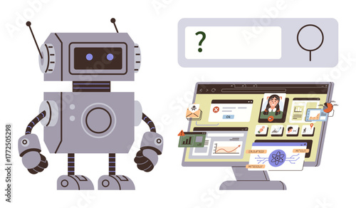 Robot examining computer dashboard, graphs, documents, and user profiles. Ideal for AI, automation, data processing, machine learning cybersecurity analytics tech innovation. A simple flat