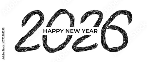 Hand Drawn Happy New Year Typography Logo. Black Handwritten Number Design Isolated on White Background