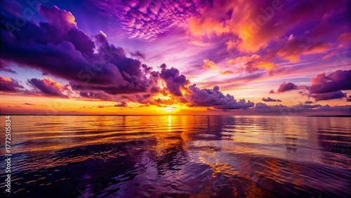 Dramatic Purple Sunset Over Calm Ocean - Low Light Seascape