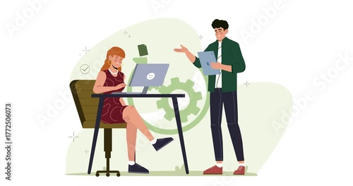 Business service. Moving banner with office workers or entrepreneurs planning business tasks and scheduling for successful workflow management. Flat graphic animated cartoon