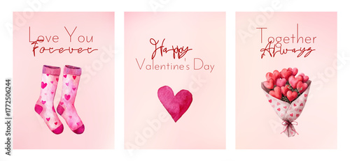 Happy Valentine's Day greeting card set. Pink greeting cards with socks, serviette and bouquet of hearts. Cute pink watercolor greeting cards. Romantic templates.