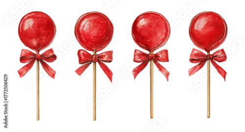 Watercolor set of red lollipops on a stick decorated with a red bow. Sweet caramel candies. Romantic sweet gifts. Vector illustration.