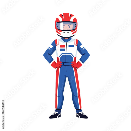 Male race car driver in blue and red suit with helmet isolated on white background