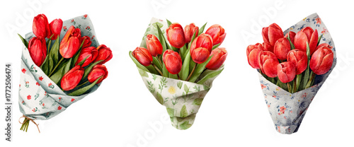 Watercolor set of bouquets of crimson tulips. Tulip flowers packed in a printed flower wrapper. Spring bouquets of flowers for gifts. Elements for March 8, Mother's Day, etc.