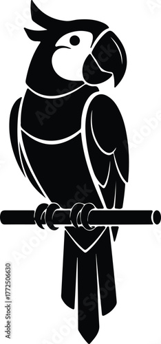 Silhouette parrot perched on a branch in black and white vector illustration