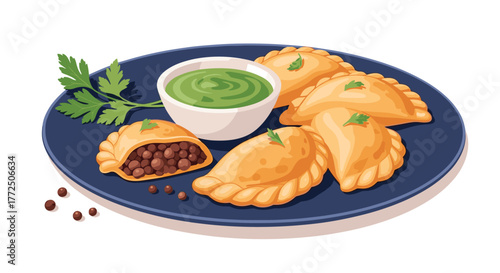 Delicious empanadas served with green sauce on a dark blue plate with parsley and peppercorns.
