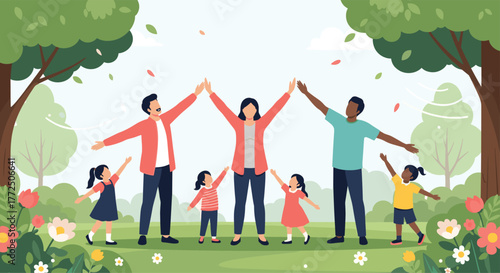 Diverse family celebrating together in a park with outstretched arms and falling leaves.