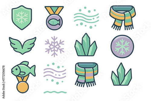 Stylized winter weather symbols and cold season elements icons set for seasonal graphic projects