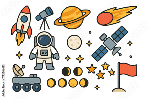 Colorful collection of space exploration objects including astronaut, rocket, planets, and celestial bodies