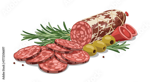 Assortment of sliced salami, olives, rosemary sprigs, and peppercorns on a white background.