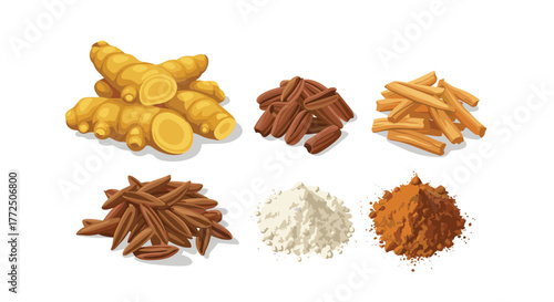A variety of spices and nuts arranged in piles against a white background.