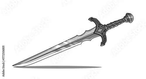 Stylized illustration of a decorative medieval sword with intricate detailing on the hilt and blade.