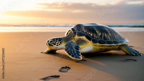 Green sea turtle moving across a sandy beach towards the ocean during a beautiful sunset or sunrise