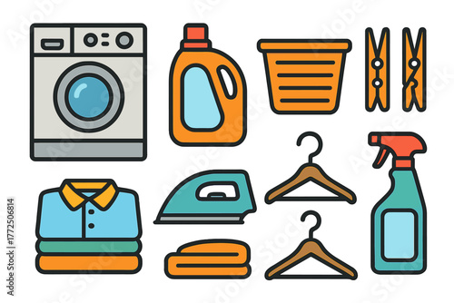Essential household items and equipment for washing, drying, and ironing clothes