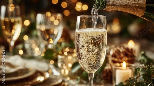 Champagne being poured into a glass at a festive celebration with warm lighting and decorations