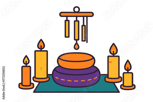 Colorful spiritual setup with lit candles, stacked cushions, and hanging mobile