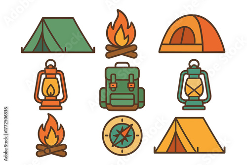 Essential camping and hiking gear including tents, lanterns, backpack, campfire, and compass elements