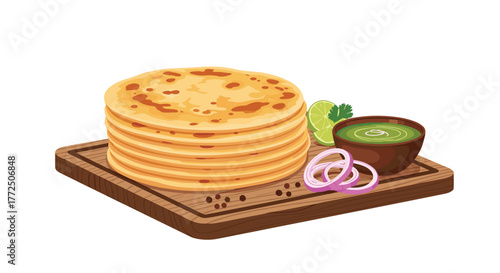 Stack of golden parathas served with green chutney, lime, and onion rings.