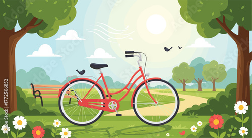 A red bicycle parked in a sunny park with trees and flowers.