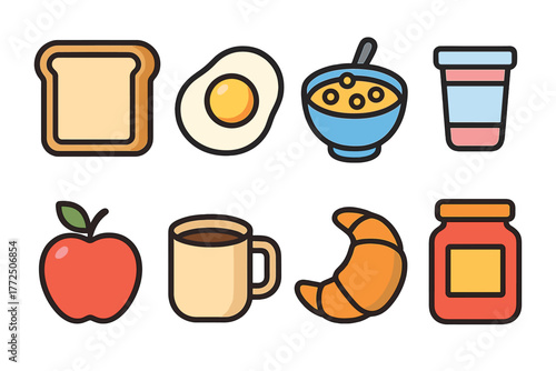 Assortment of breakfast foods including bread egg cereal coffee croissant and jam
