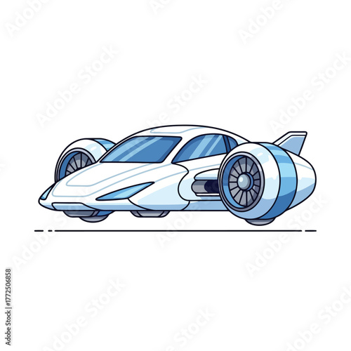 White futuristic flying car with jet engines isolated on white background