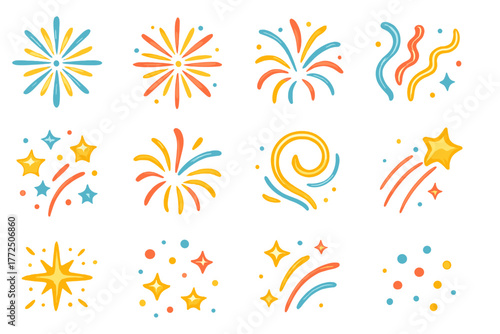 Colorful abstract festive elements with fireworks bursts, stars, and confetti streamers