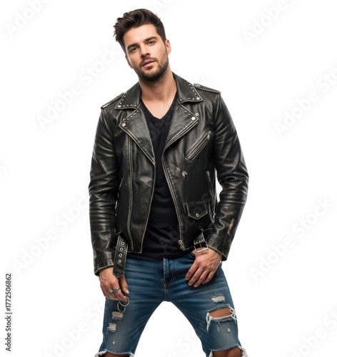 A man with a beard wearing a black leather jacket and ripped denim shorts, standing confidently, against transparent background