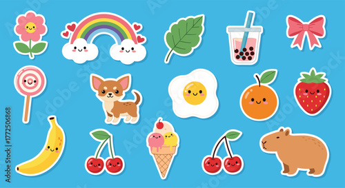 Cute kawaii cartoon sticker collection featuring food, animals, and nature elements on a blue background.