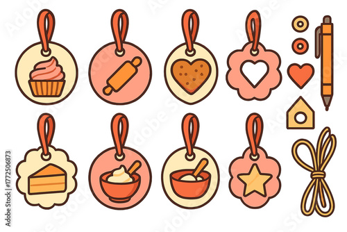 Adorable collection of baking and dessert tags featuring cupcakes, rolling pins, and cookie cutters