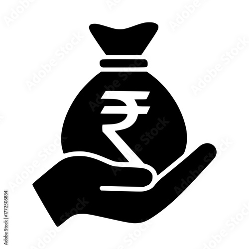 A human hand holding a money bag with a rupee symbol