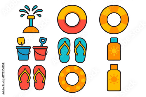 Colorful summer vacation and beach items including flip flops swim rings sunscreen and sand toys
