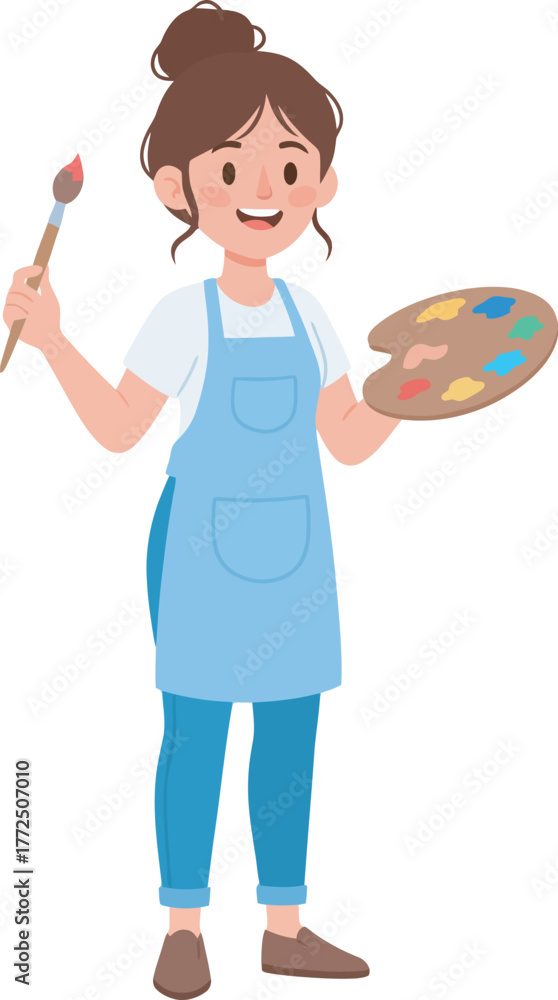 Fototapeta premium A smiling woman artist wearing an apron, holding a paintbrush and a palette with various colors.