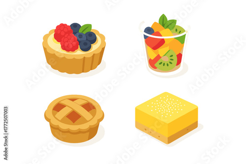Isometric icons of sweet desserts and healthy snacks: berry tart, mini pie, lemon square, and fruit salad