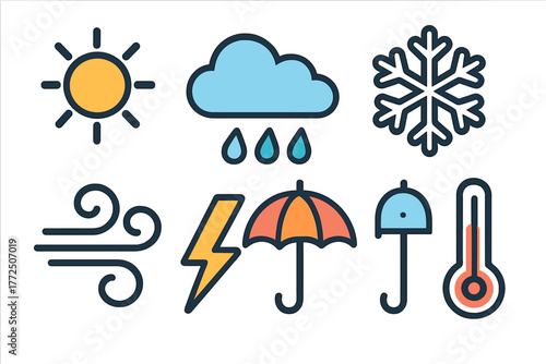 Colorful set of climate and weather forecast symbols including sun, rain, snow, and wind elements