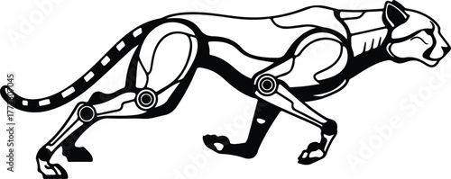 Silhouette robotic cheetah animal walks in black and white vector illustration