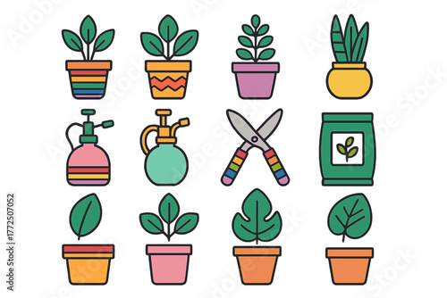 Colorful potted houseplants and gardening tools set including shears, sprayers, and fertilizer