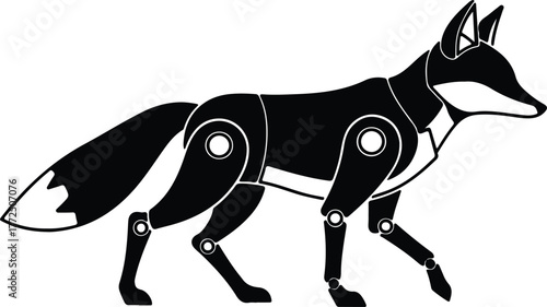 Silhouette robotic fox walking forward in black and white vector illustration