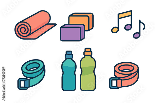 Essential fitness accessories: yoga mat, yoga blocks, water bottles, and musical notes