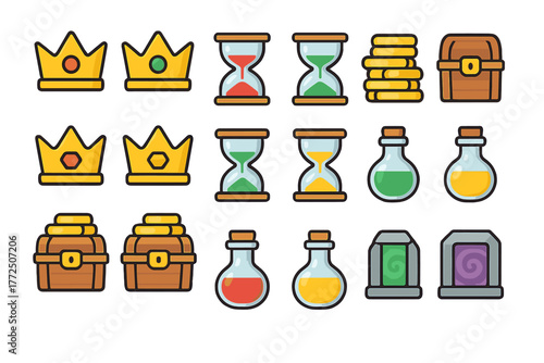 Golden fantasy game assets set with crowns hourglasses treasure chests and magic potions